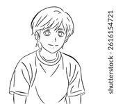 black and white line art, sketch Portrait of a handsome man. Confident young man. Happy smiling male student. Social network profile avatar. Contemporary flat design