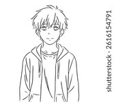 black and white line art, sketch Portrait of a handsome man wearing a jacket. Confident young man. Happy smiling male student. Social network profile avatar. Contemporary flat design