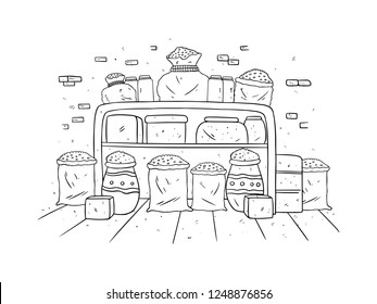 black and white line art, sketch of a warehouse containing sacks of rice