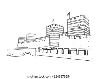 black and white line art, sketch of Turkey's great wall