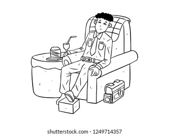 black and white line art, sketch of men tired