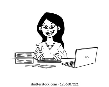 black and white line art, sketch of a woman studying
