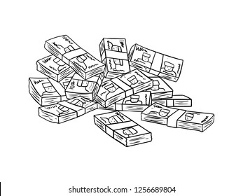 black and white line art, sketch lots of money