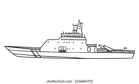 black and white line art, sketch of the ship