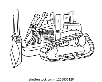 black and white line art, sketch of bulldozers