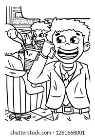 black and white line art, sketch of a man on the phone