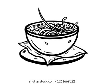 black and white line art, sketch of a bowl of noodles