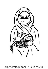 black and white line art, sketch of Muslim women