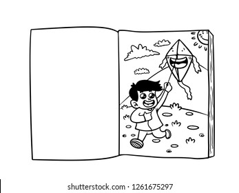 black and white line art, sketch of a picture book