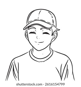 black and white line art, sketch Portrait of a handsome man. Confident young man holding a food. Happy smiling male student. Social network profile avatar. Contemporary flat design