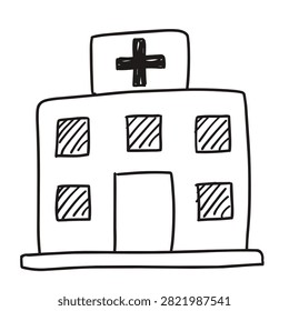 A black and white line art sketch of a hospital building featuring a cross symbol on top with windows and a central entrance door