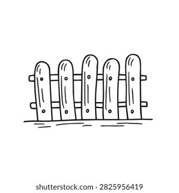 A black and white line art sketch of a small rustic wooden fence made of vertical boards with horizontal crossbeams on a flat ground line
