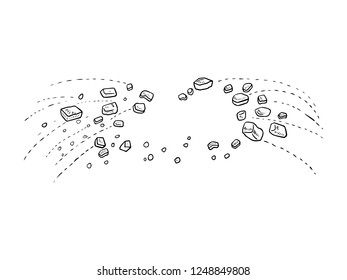 black and white line art, sketches of stones thrown