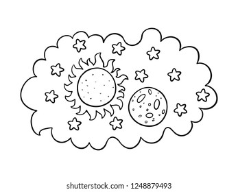black and white line art, sketches of the sun and earth
