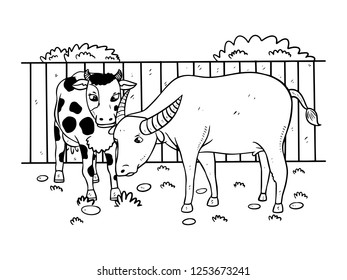 black and white line art, sketches of cows and buffaloes