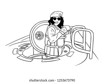 black and white line art, sketches of humans riding ships