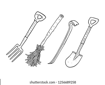 black and white line art, sketches of cleaning tools, hoes, brooms, shovels