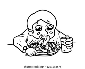 black and white line art, sketches of children eating