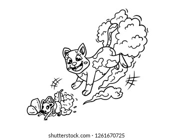 black and white line art, sketches of cats chasing mice
