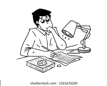 black and white line art, sketches of men studying