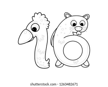 black and white line art with sketches, funny numbers for kids, number sixteen