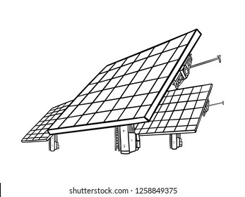 black and white line art, sketching solar power plants