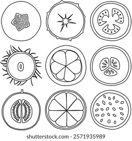 Black and white line art slices fruit for coloring book