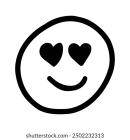 A black and white line art of a smiley face with heart-shaped eyes, symbolizing love and affection.