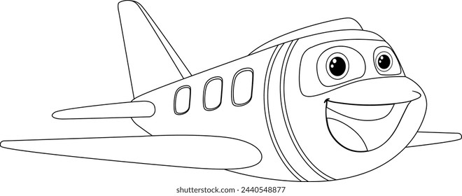 Black and white line art of a smiling airplane.