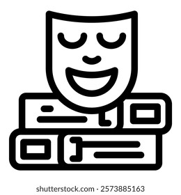 Black and white line art of a smiling theater mask symbolizing comedy, art, and performance