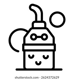 Black and white line art of a smiling soap dispenser with bubbles, perfect for hygienerelated design