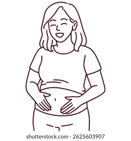 Black and white line art of smiling woman touching horizontal cesarean section scar, symbolizing postpartum recovery, healing, and body positivity