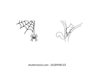 Black and white line art spider and squirrel in minimalist style