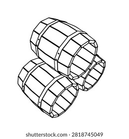Black and white line art of a stack of three empty vintage barrels.