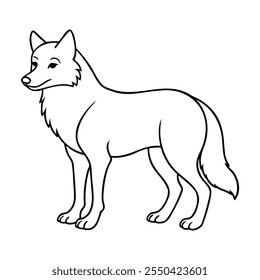 Black and white line art of a standing wolf with a calm expression, Simple, clean design.