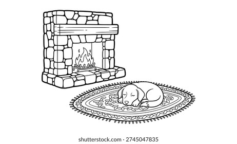Black and white line art of a stone fireplace with burning fire and a dog sleeping on a patterned rug. Perfect for coloring pages, cozy home designs, and winter holiday illustrations.