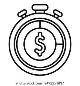 Black and white line art of a stopwatch featuring a dollar symbol, representing time is money concept