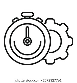 Black and white line art of a stopwatch intertwined with mechanical gears