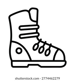 Black and white line art of a sturdy winter hiking boot with footwear, trekking