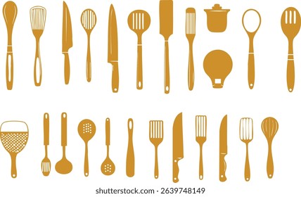Black and white line art style kitchenware vector icon set. Consists of knife, pan, spatula, whisk and more. Ideal for packaging labels, recipe books and digital culinary content.