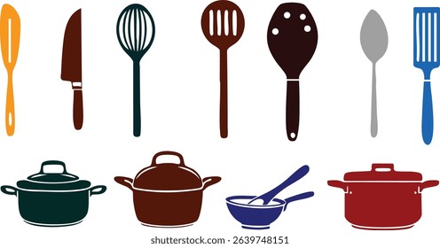 Black and white line art style kitchenware vector icon set. Consists of knife, pan, spatula, whisk and more. Ideal for packaging labels, recipe books and digital culinary content.