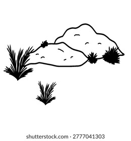 Black and white line art style illustration of small hill with surrounding vegetation, simple natural landscape sketch with elements of rocks, grass, or bushes.