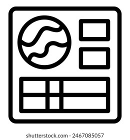 Black and white line art of a stylized website interface icon with various elements