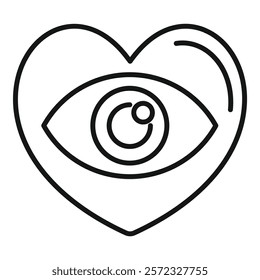 Black and white line art of a stylized eye within a heart shape, representing love and vision