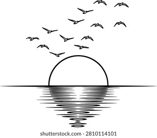 Black and White Line Art of Sun Setting Over Ocean with Birds Flying in Sky Reflection Featuring Minimalist Nature Design, Sunset Silhouette, Sea