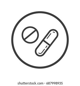 Black and white line art tablet and capsule icon in the round frame