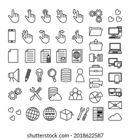 Black and white line art technology themed 46 icon collection. Monochrome vector illustration for site, banner or leaflet design elements