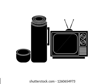 black and white line art, thermos and television silhouette vector illustration