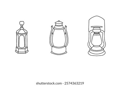 Black and white line art of three vintage lantern designs. Minimalist and elegant, ideal for themes related to retro decor, Ramadan, camping, or traditional lighting concepts