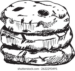 Black and white line art of three oatmeal cookies with chocolate chips stacked on top of each other, hand-drawn sketch on white background